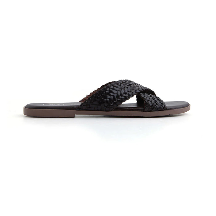 Ciabatta Flat "Woven Cross" in Vera Pelle - MARRONE