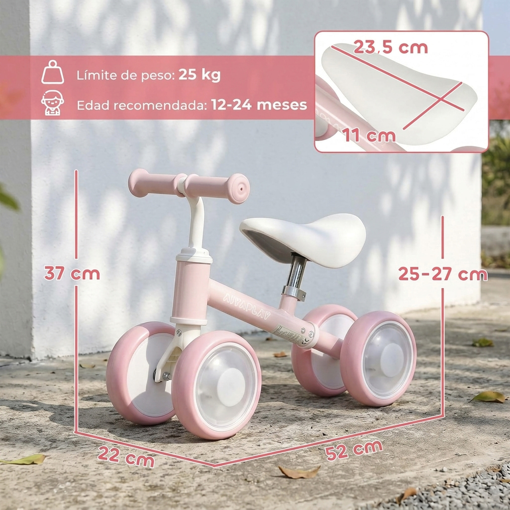 Bicicleta sin Pedales, Bici Correpasillos con Limitado a 135°, Asiento Ajustable en Altura, 4 Ruedas EVA Silenciosas con Luces, Bicicleta de Equilibrio para Niños y Niñas de 1 a 2 Años, Rosa