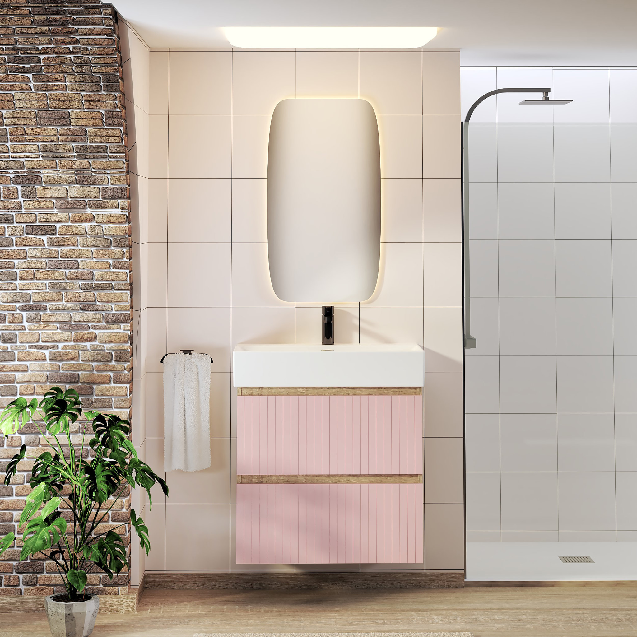 Conjunto de Baño Zel | Mueble Suspendido | 70 cm Rosa | Dos Cajones | Lavabo Encastrado | No incluye Espejo | Mueble Montado| Alday