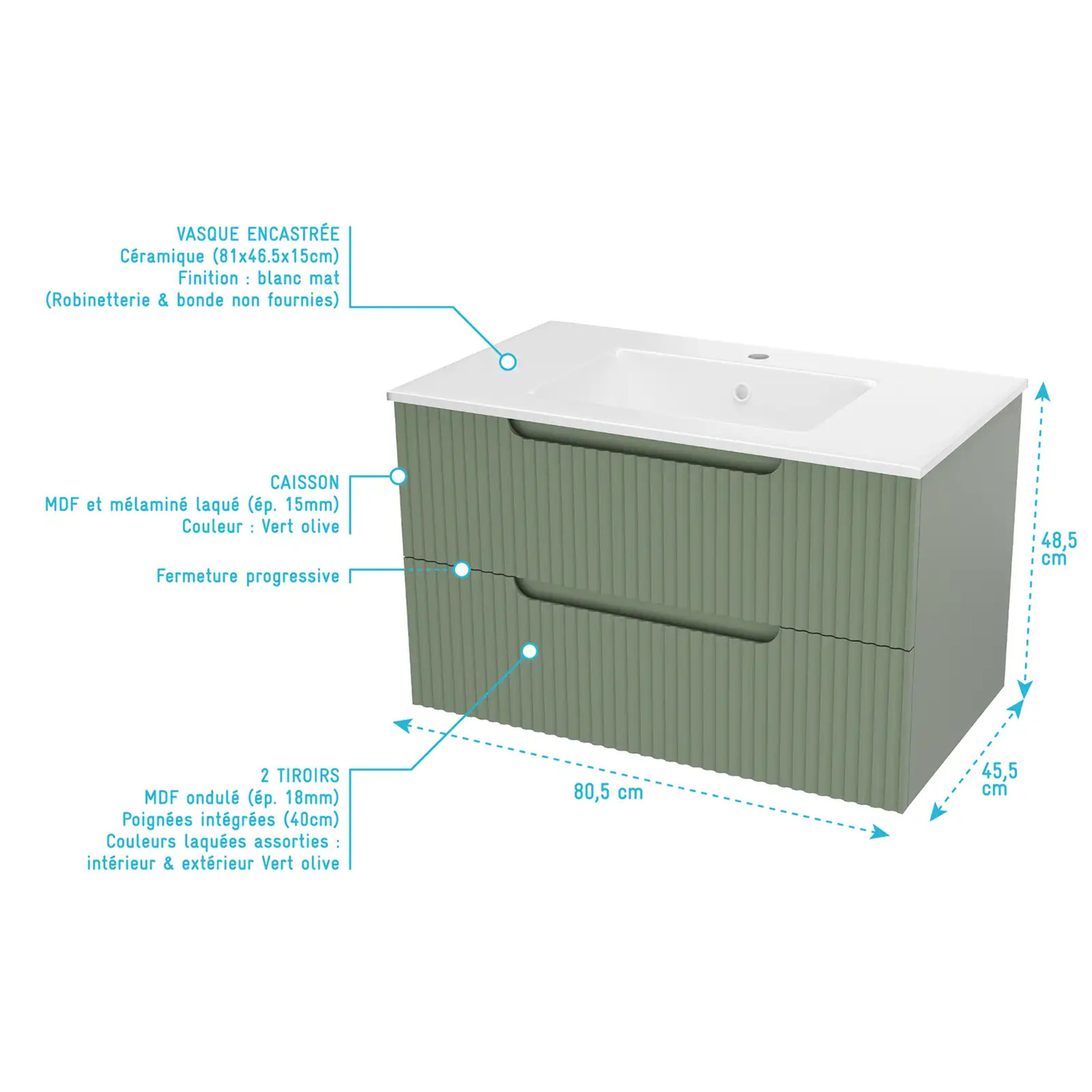 Meuble de Salle de Bains LEON 80cm Vert Olive - 2 Tiroirs en MDF Ondulés - Vasque à encastrer