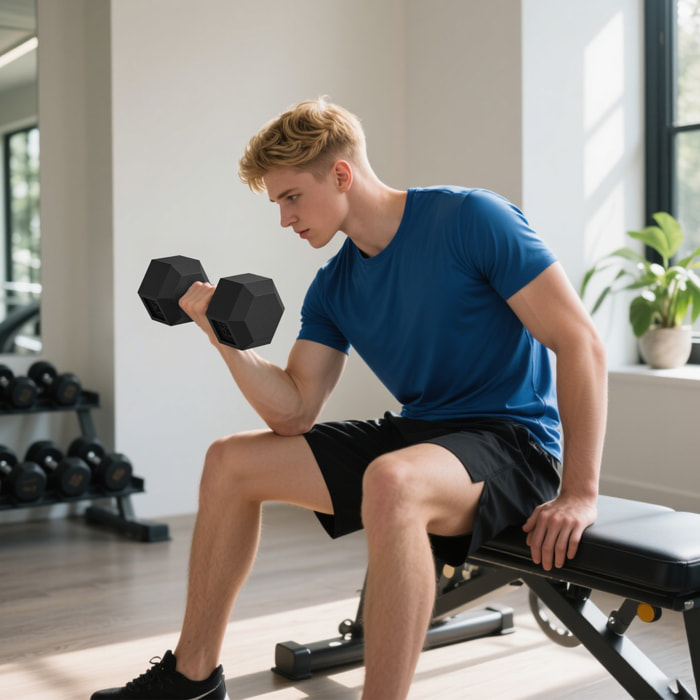 Juego de Mancuernas Hexagonales, 2 x 15 kg, de Hierro Fundido, Recubiertas de Goma, Juego de Pesas con Barras de Conexión para Entrenamiento en Casa, Gimnasio y Oficina, Negro y Plata