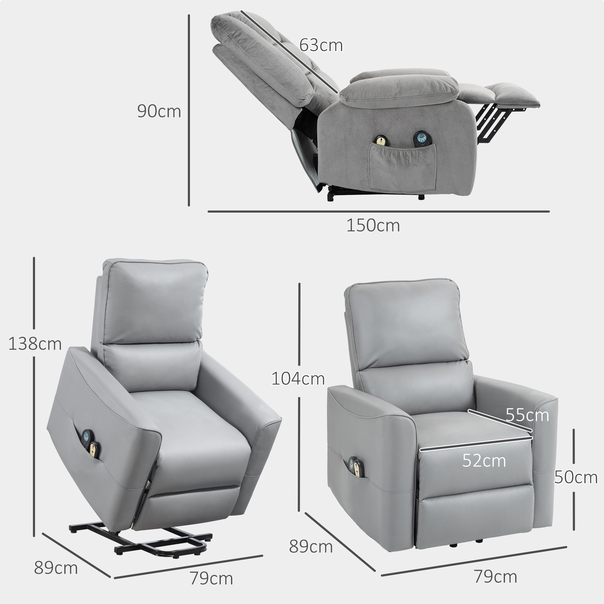 Fauteuil releveur massant chauffant inclinable - télécommande - tissu technique gris clair