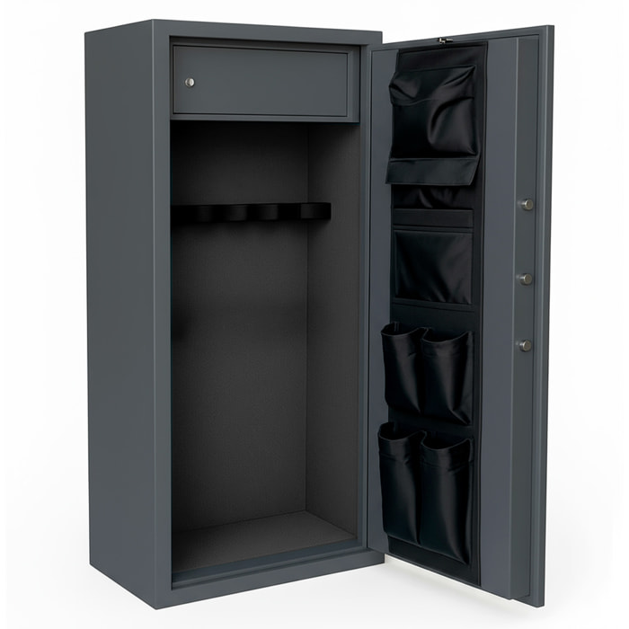 Armadio Portafucili Armi Blindato Fuciliera Acciaio Serratura Digitale Chiave Tesoretto Tasca Porta Oggetti Grigio Scuro 148x53.5x32 Cm 10 Posti