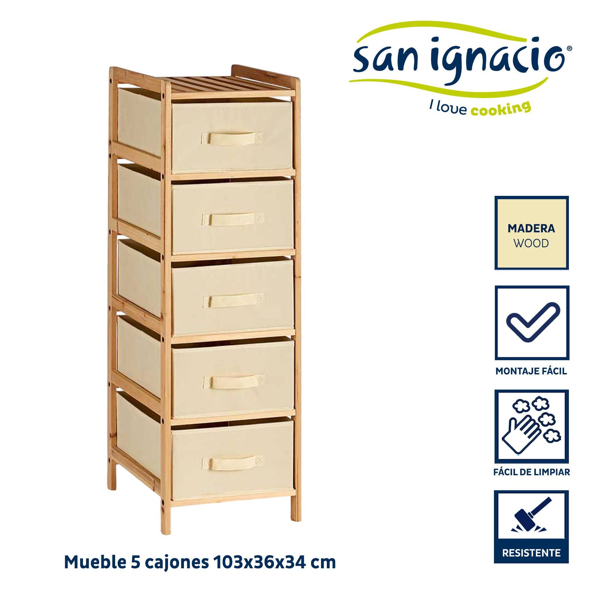 Mueble ancho 5 cajones color crema colección kipit