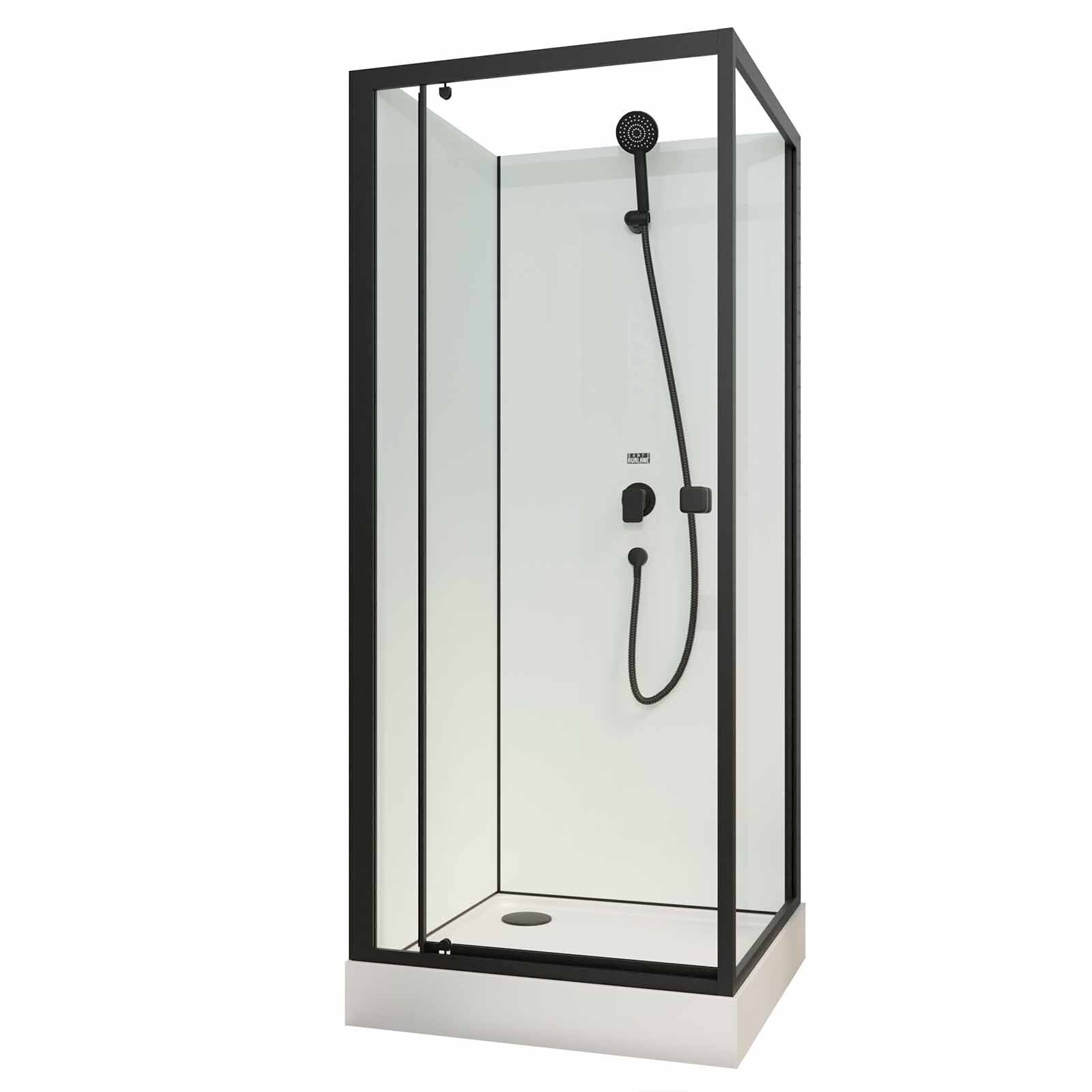 Cabine de douche carrée 80x80x200 cm - Porte pivotante - Fonds Blancs & Profilés Noir Mat