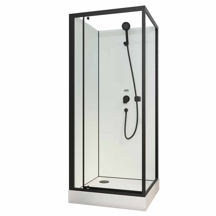 Cabine de douche carrée 80x80x200 cm - Porte pivotante - Fonds Blancs & Profilés Noir Mat
