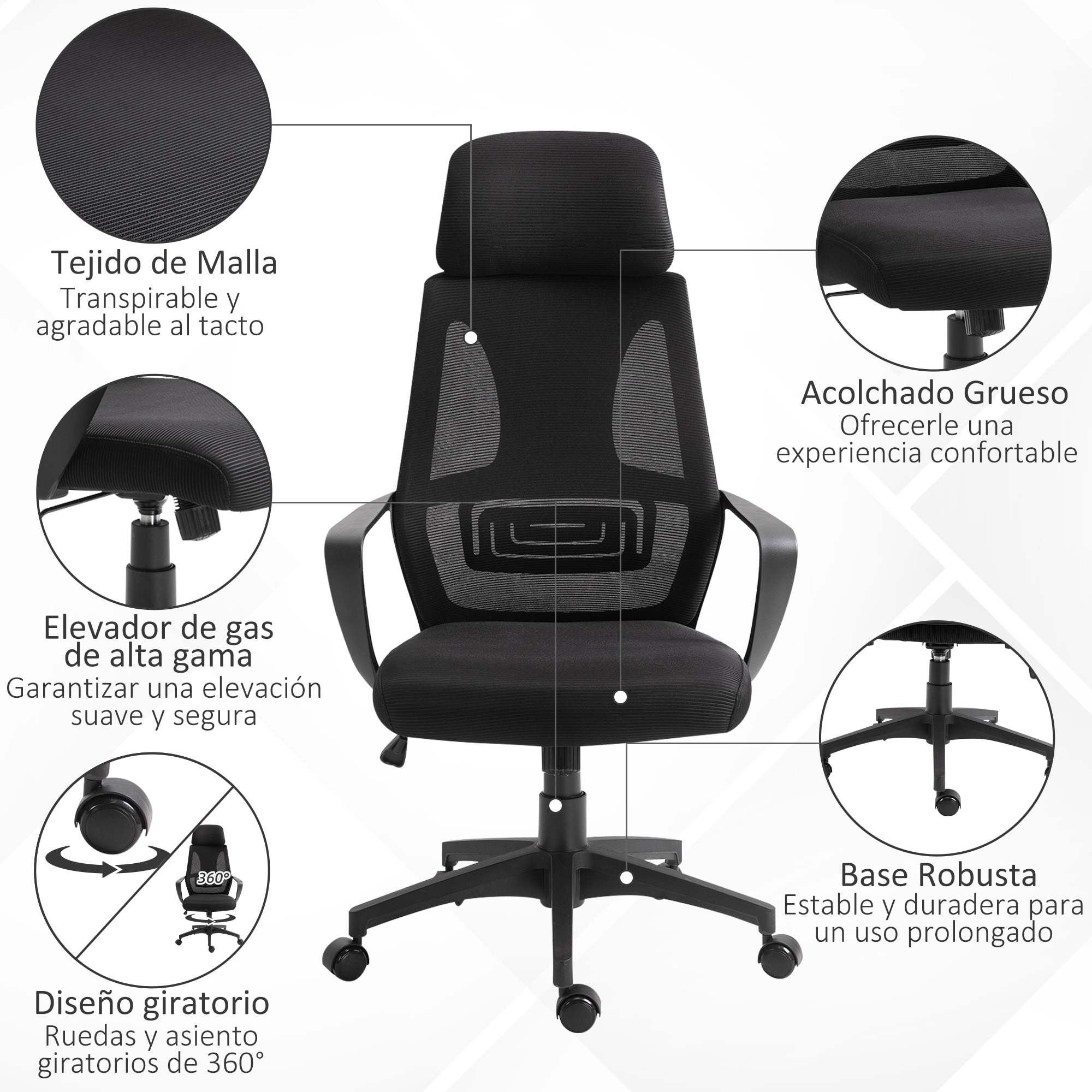 Silla de Oficina Altura Ajustable con Respaldo Negro