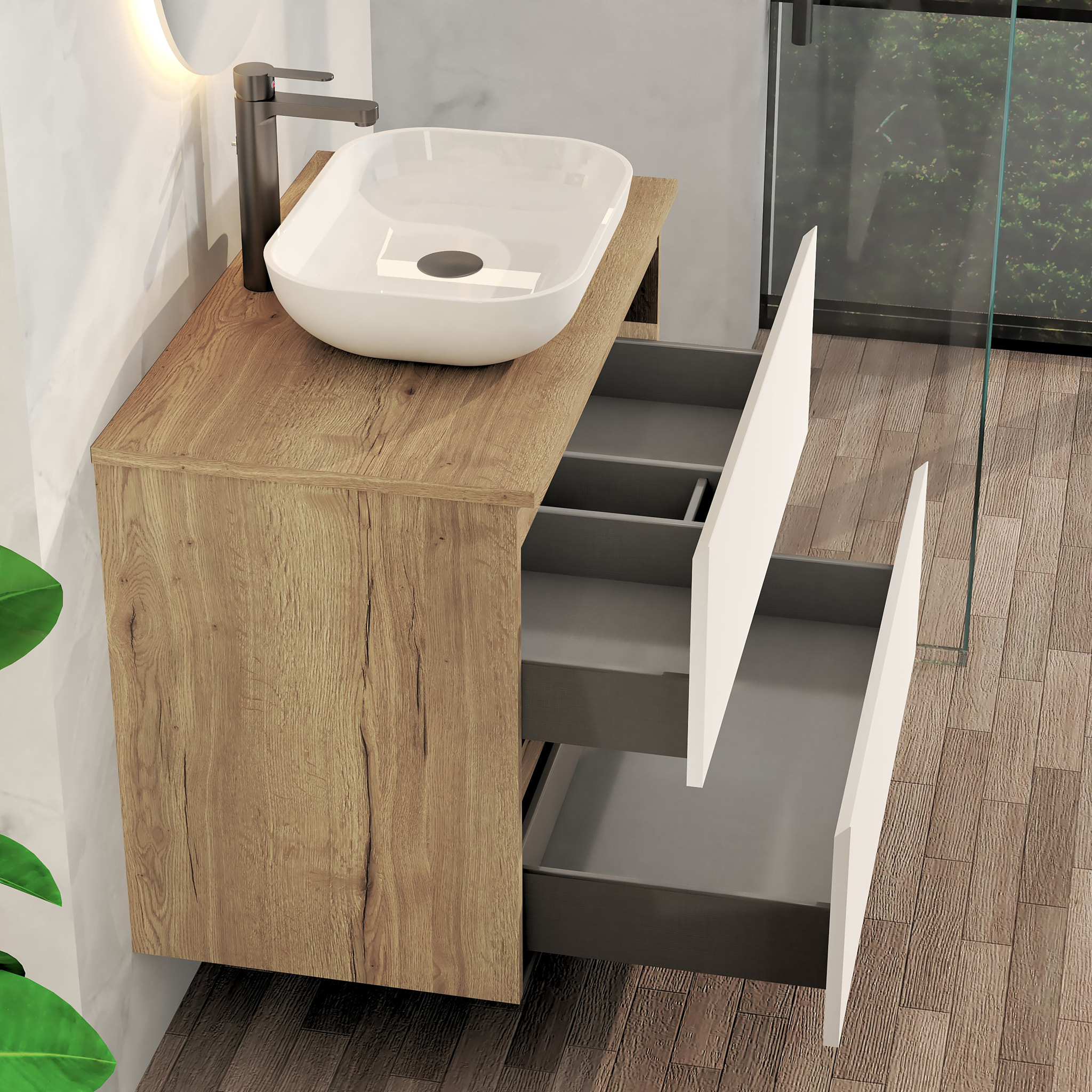 Conjunto de Baño Nia | Mueble Suspendido | 80 cm Blanco | Dos Cajones | Lavabo Sobrepuesto | No incluye Espejo | Mueble Montado| Alday