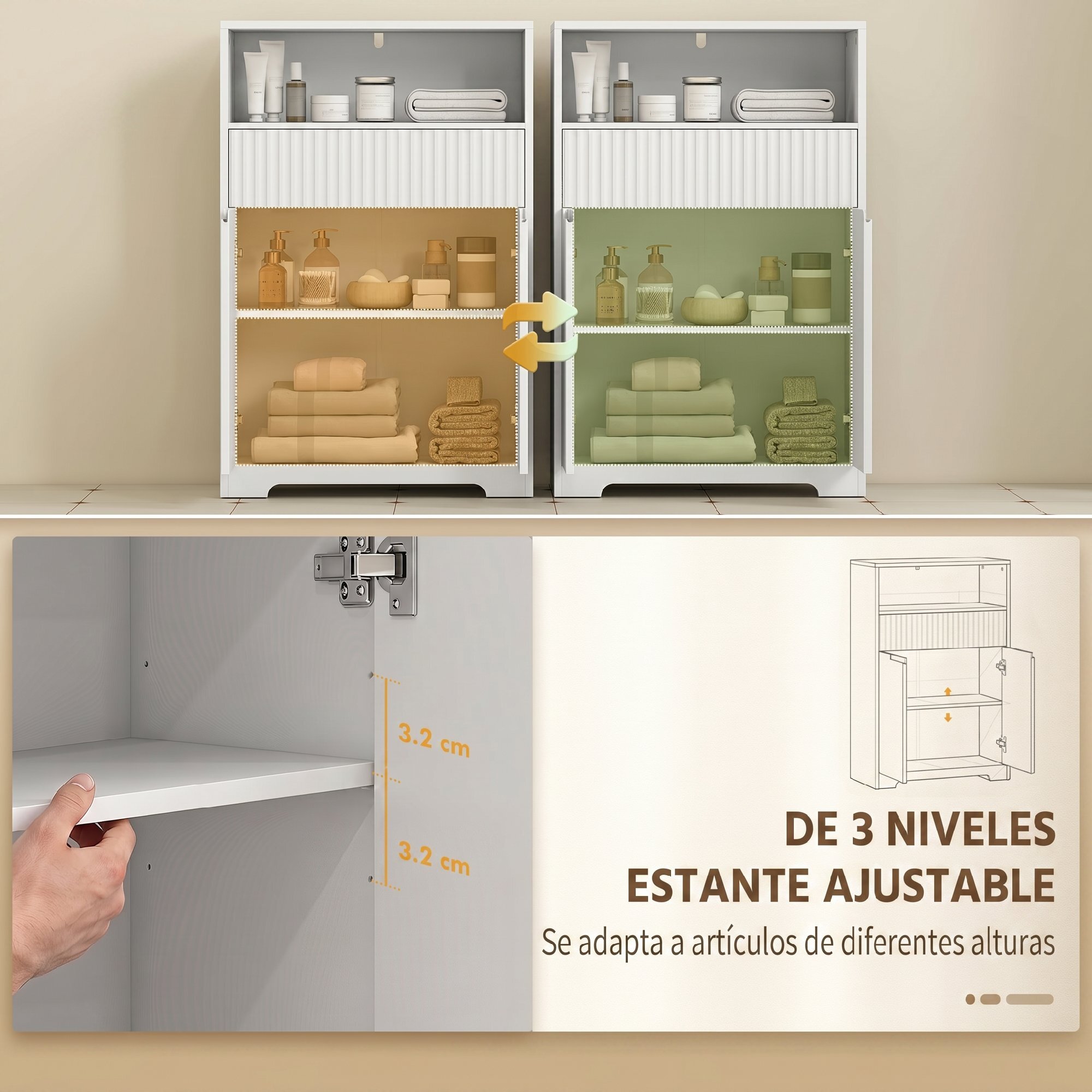 HOMCOM Armario de Baño Estrecho, Mueble de Baño con Cajón de Frontal Acanalado, Estante Abierto, 2 Puertas y Estante Ajustable, Estilo Moderno, 60x30x91,5 cm, Blanco