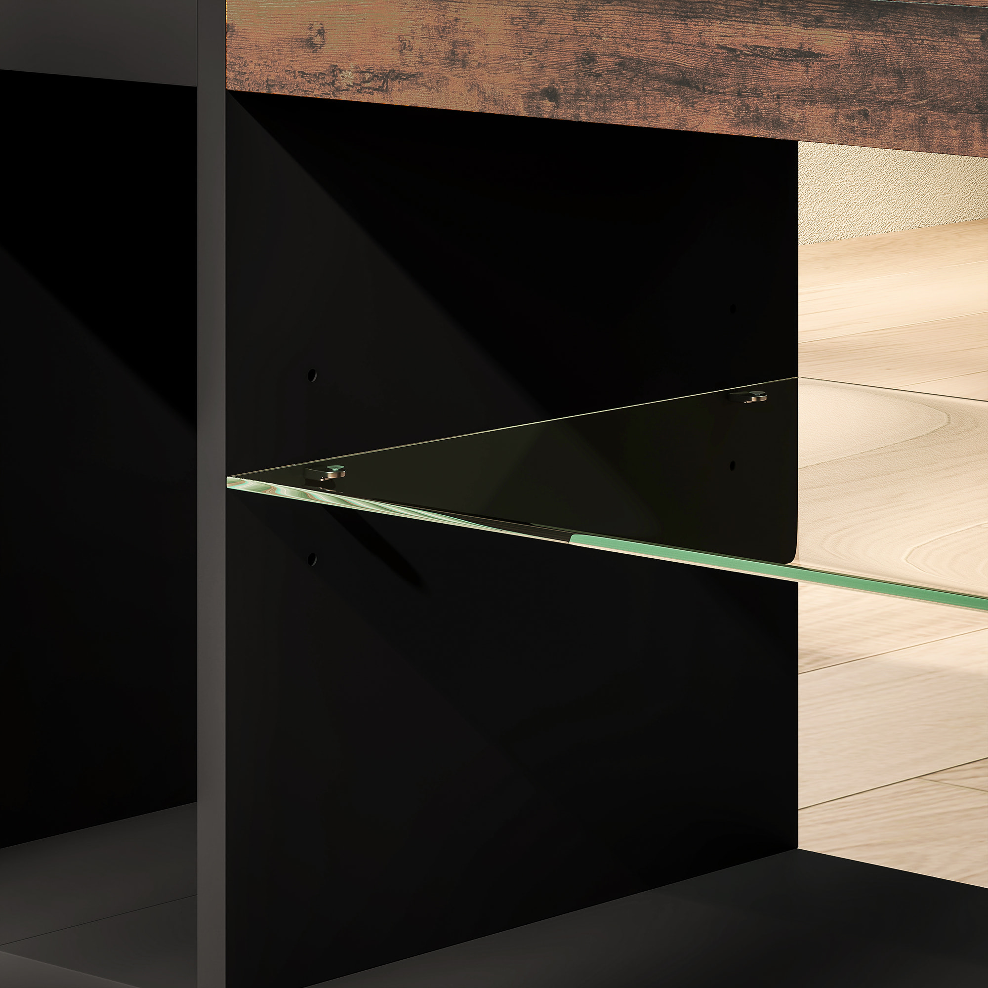 Meuble TV LED avec télécommande - banc TV design industriel - 2 étagères verre, niche centrale - effet bois noir