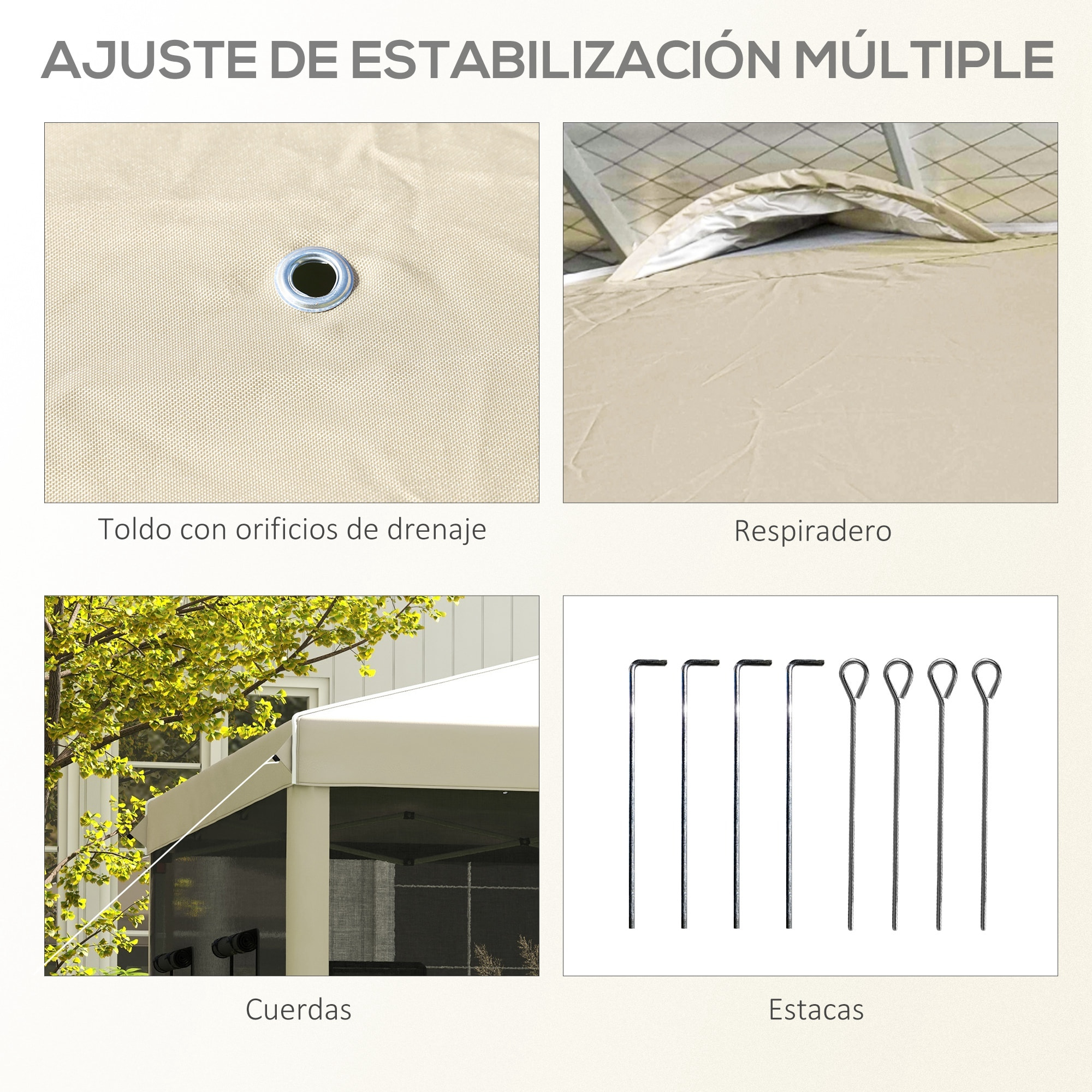 Carpa Plegable 3x3 m Cenador de Jardín con Pared Lateral de Malla 6 Ventanas Altura Ajustable en 3 Niveles Protección Rayos UV30+ e Impermeable para Camping Fiestas Beige