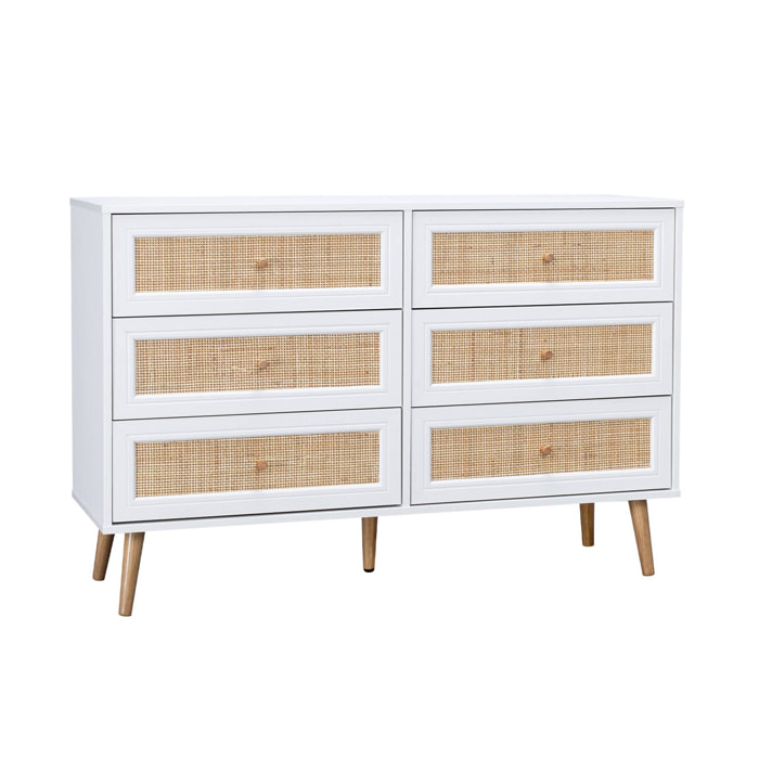 Commode effet bois et cannage 6 tiroirs Bohème. blanc - 120x39x79cm