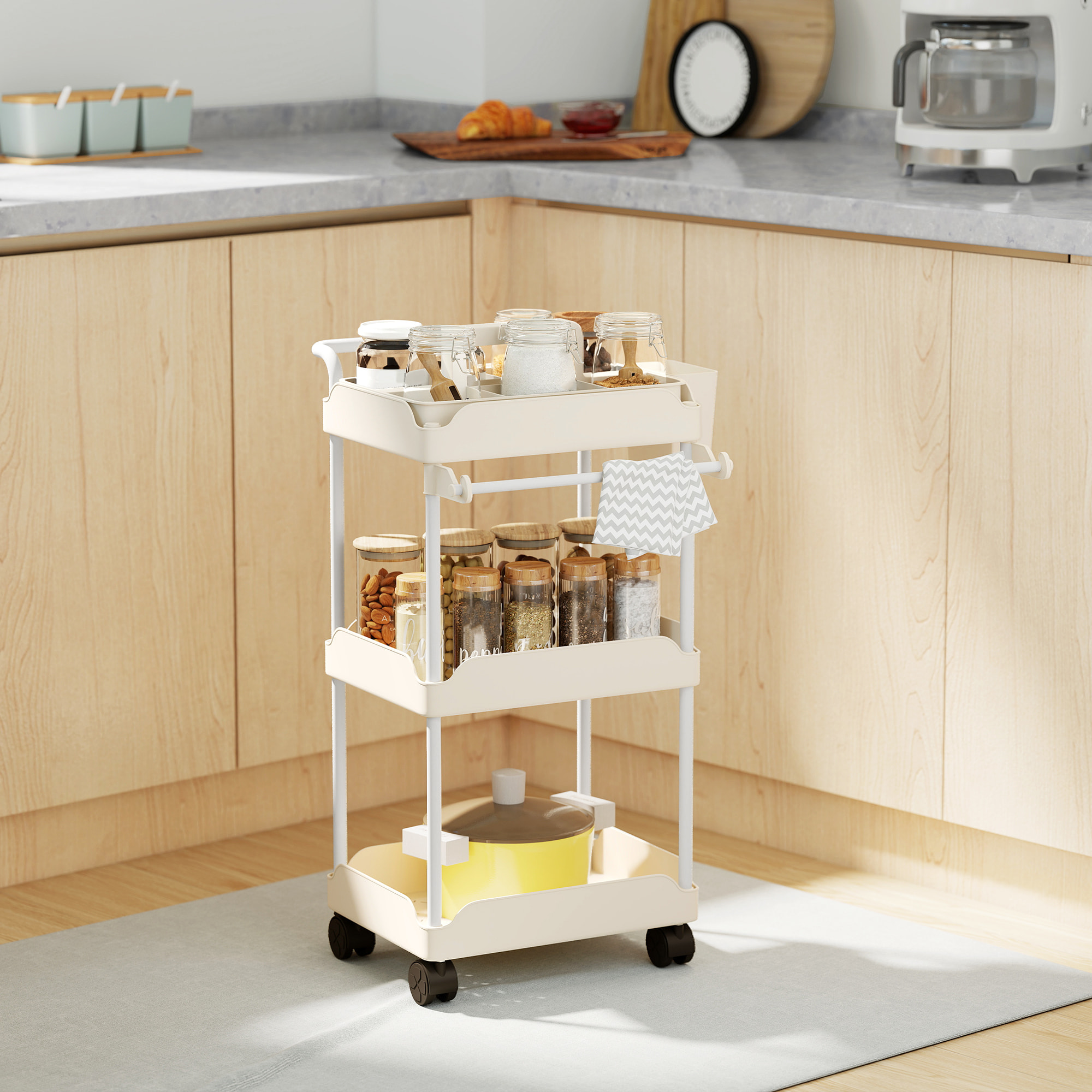 Carrito Auxiliar con Ruedas de 3 Niveles, Carrito de Cocina con Cestas Extraíbles, Ruedas con Freno, Soporte para Toallas y Marco de Metal, Carro de Servicio para Comedor, Salón, Baño, Blanco