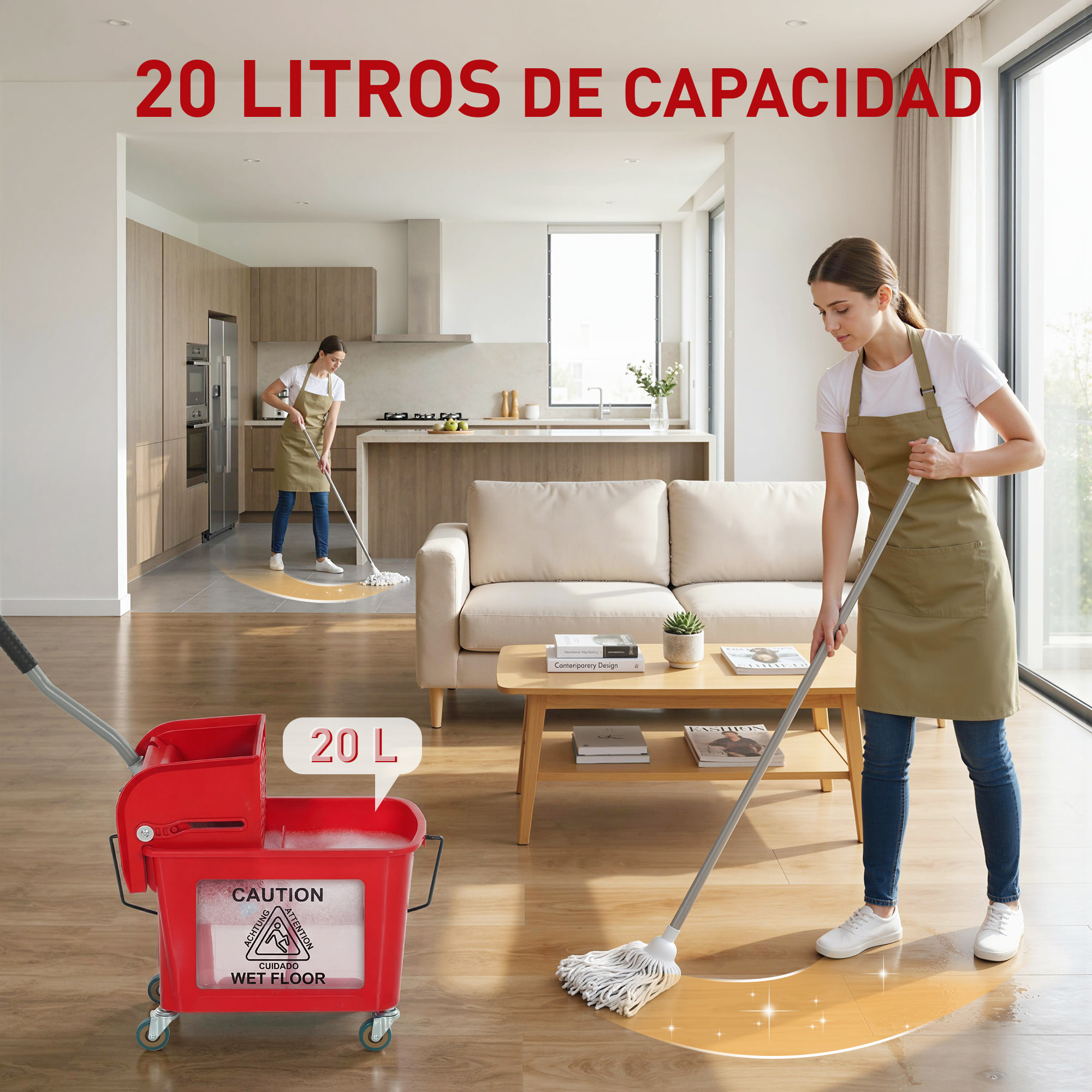 Cubo de Fregona con Ruedas Capacidad de 20 L Cubo de Fregar con Sistema de Escurridor Mopa y Asa de Transporte para Doméstico y Comercial Rojo