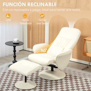 Sillón de Salón con Otomana Reposapiés Tapizado en PU Sillón Relax Reclinable hasta 145° y Giratorio 360° con Respaldo Ajustable para Salón Dormitorio Oficina 76x81x101 cm Blanco Crema