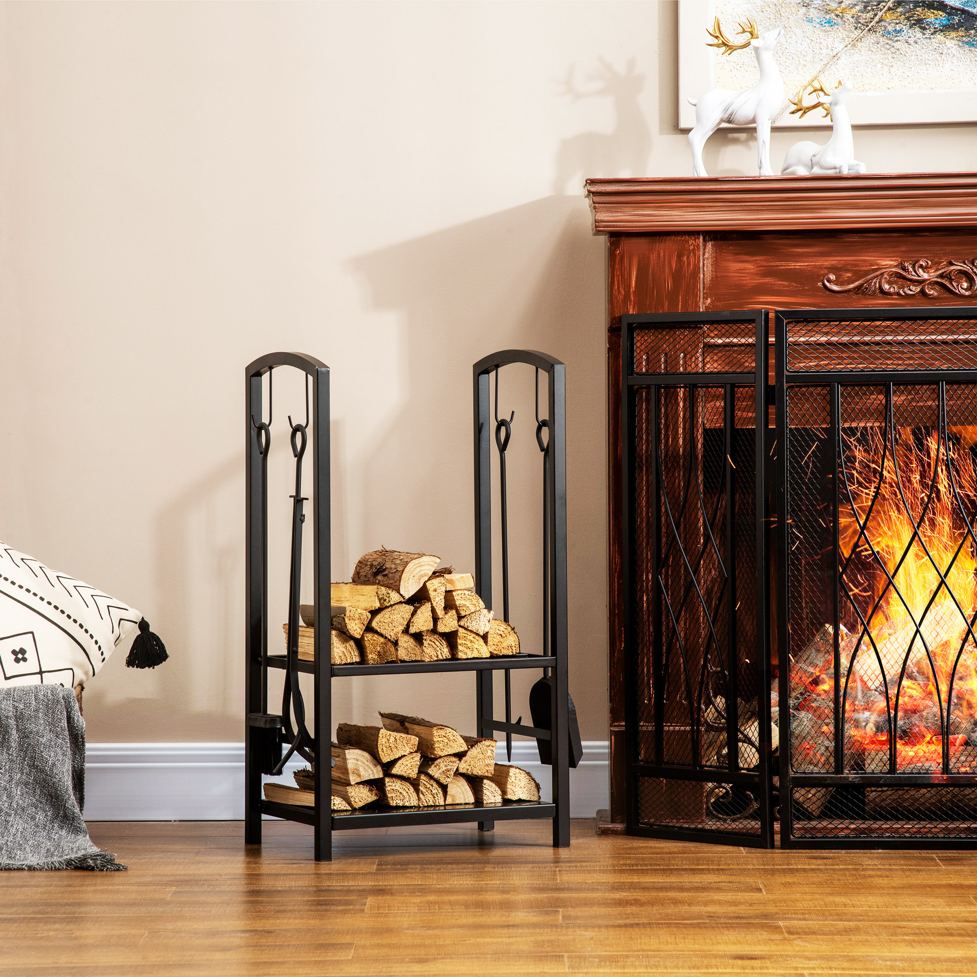Estante de Leña para chimenea 40x30x74,5 cm Soporte para Leña de 2 Niveles Leñero Exterior e Interior Metálico con 4 Herramientas para Chimenea Carga Máx.100 kg Negro