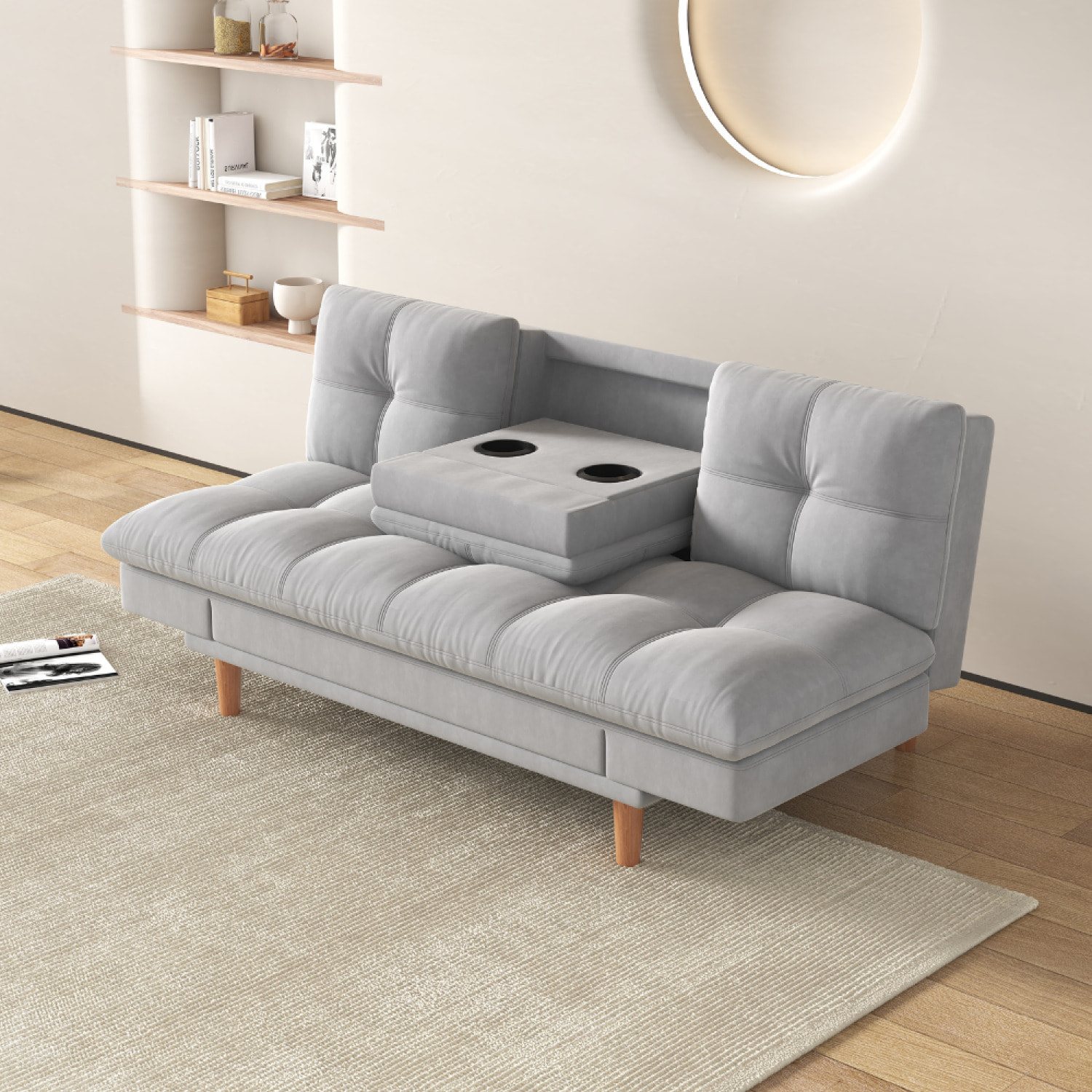 Canapé convertible et modulable 3 places en tissu gris clair PAVIE