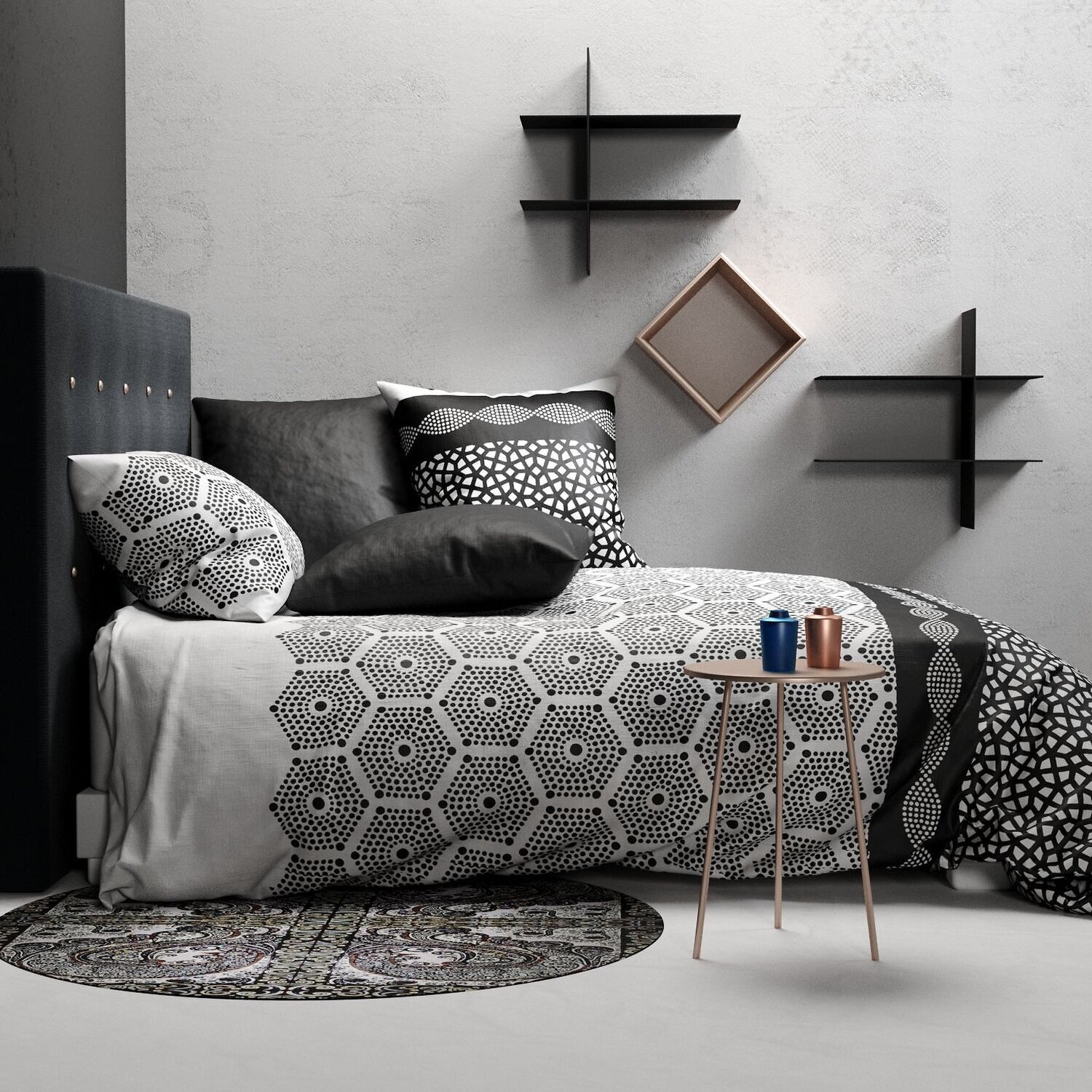 Parure housse de couette imprimé 100% coton - pavage - noir