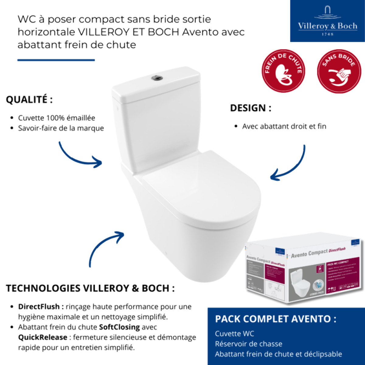 WC à poser compact sans bride sortie horizontale Avento avec abattant frein de chute