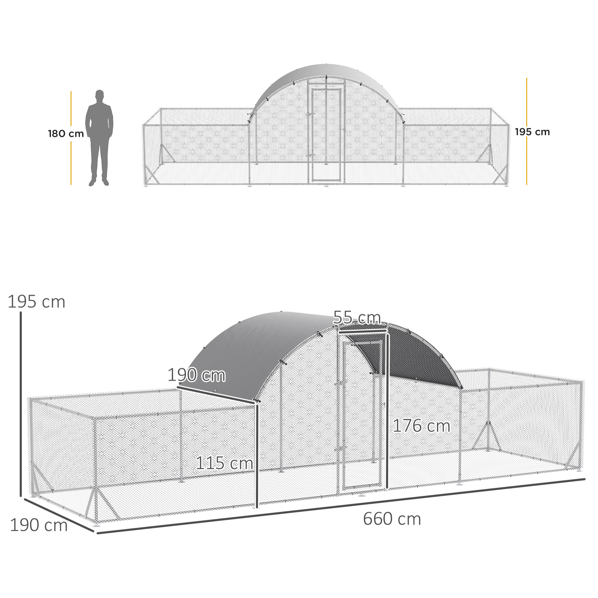 Gallinero Exterior de Acero Galvanizado 6,6x1,9x1,95 m Jaula para 12-14 Gallinas al Aire Libre con 3 Pisos Techo Cubierta de Tela y Corral para Conejos Aves Plata