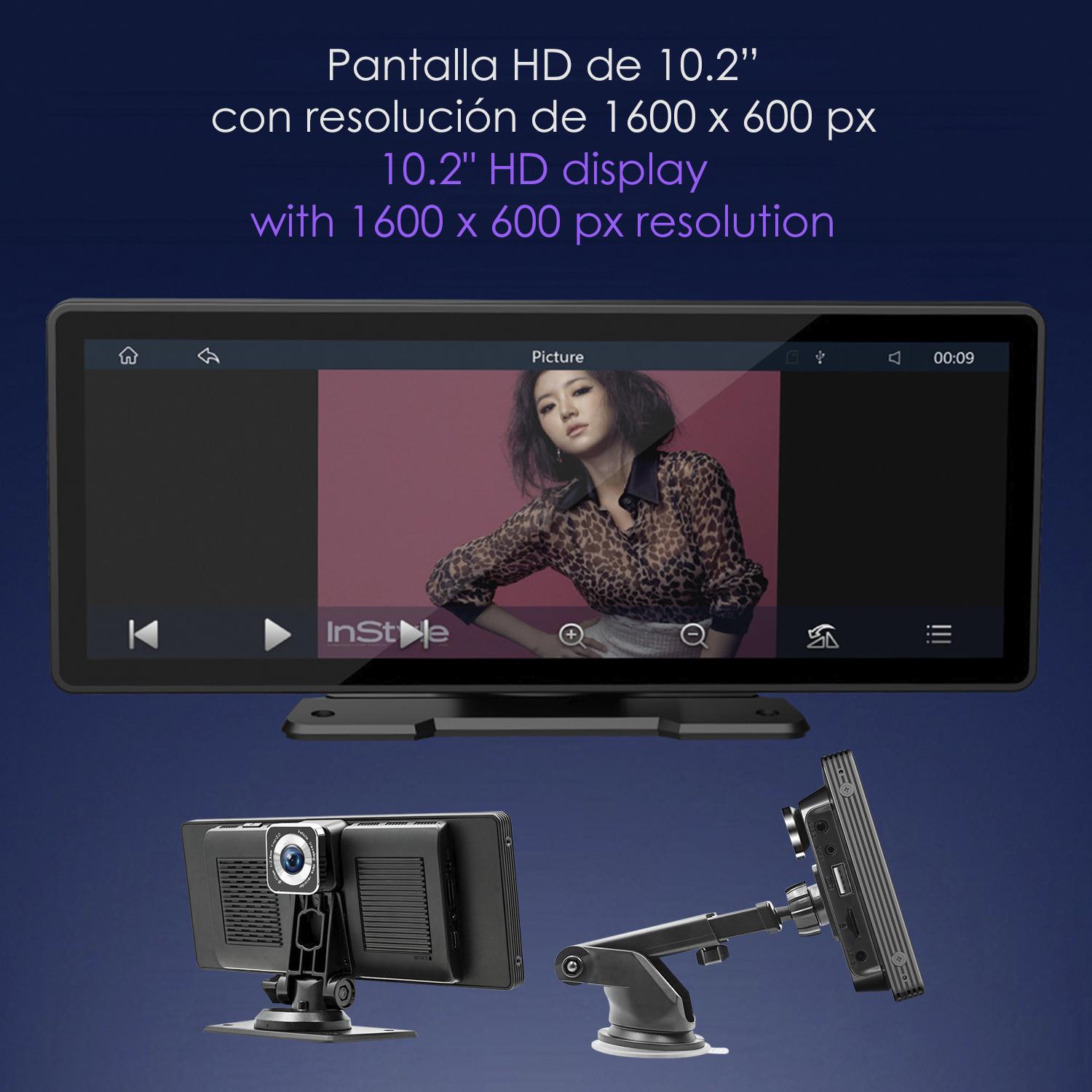 DAM Pantalla táctil B5303R para coche 10,2'' HD. Android Auto/Car Play inalámbrico. Bluetooth MP5 con Mirror Link, dashcam frontal + trasera 12 LED. 24,45x2,5x9,8 Cm. Color: Negro