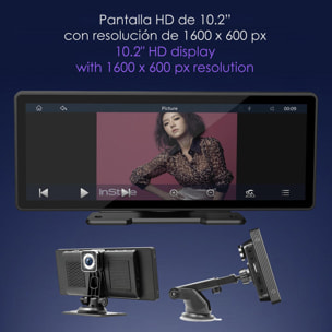 DAM Pantalla táctil B5303R para coche 10,2'' HD. Android Auto/Car Play inalámbrico. Bluetooth MP5 con Mirror Link, dashcam frontal + trasera 12 LED. 24,45x2,5x9,8 Cm. Color: Negro