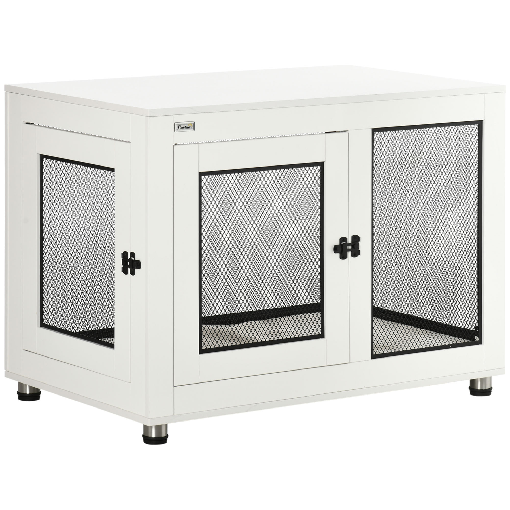 Cage pour chien sur pied style industriel - 2 portes verrouillables, coussin inclus - acier maillé noir panneaux aspect bois blanc