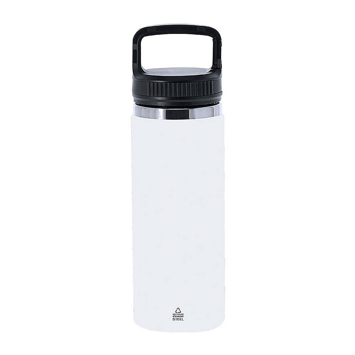 Bidón térmico de 550 ml de capacidad, en acero inox reciclado de doble pared. Cuenta con un asa funcional con doble función de mosquetón. Libre de BPA.