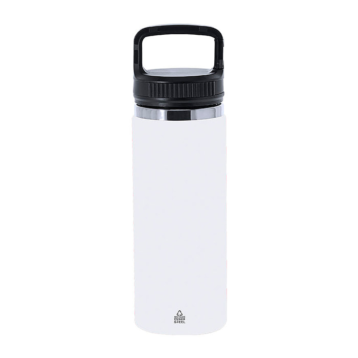 Bidón térmico de 550 ml de capacidad, en acero inox reciclado de doble pared. Cuenta con un asa funcional con doble función de mosquetón. Libre de BPA.