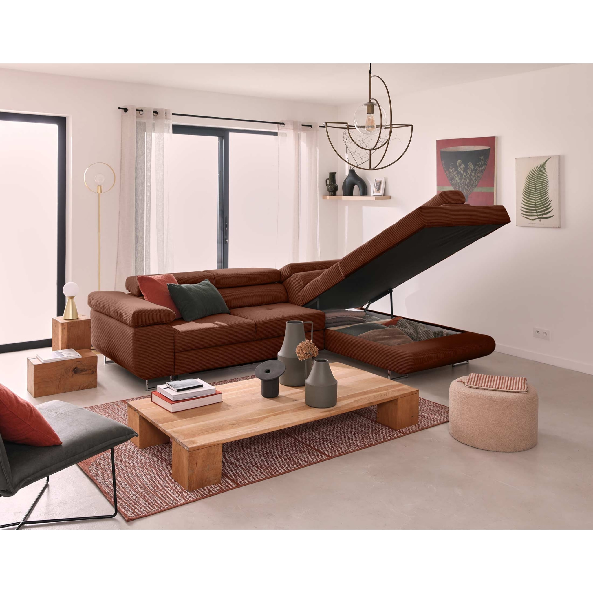Zaria - canapé d'angle droit - convertible avec coffre et têtières réglables - 5 places - en velours côtelé - Terracotta