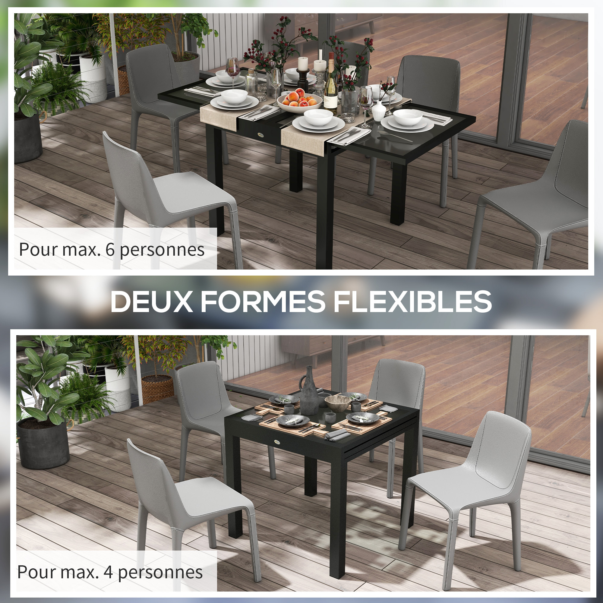 Table extensible de jardin grande taille dim. dépliées 160L x 80l x 75H cm alu métal époxy anthracite plateau verre trempé transparent