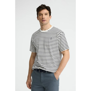 Polo a righe ecrù e blu marino fit ampio con logo Rigby Go