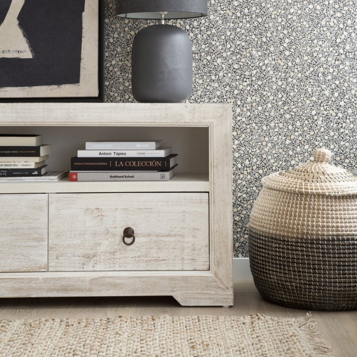 Meuble tv Oblak -bois massif d'araucaria-couleur blanc shabby 160 x 60 x 40 cm