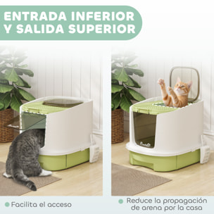 Arenero para Gatos Cubierto Caja de Arena para Gatos Arenero Cerrado con Entrada Frontal Salida Superior Tapa Removible Bandeja Extraíble y Pala 40,5x52,5x42,5 cm Blanco y Verde