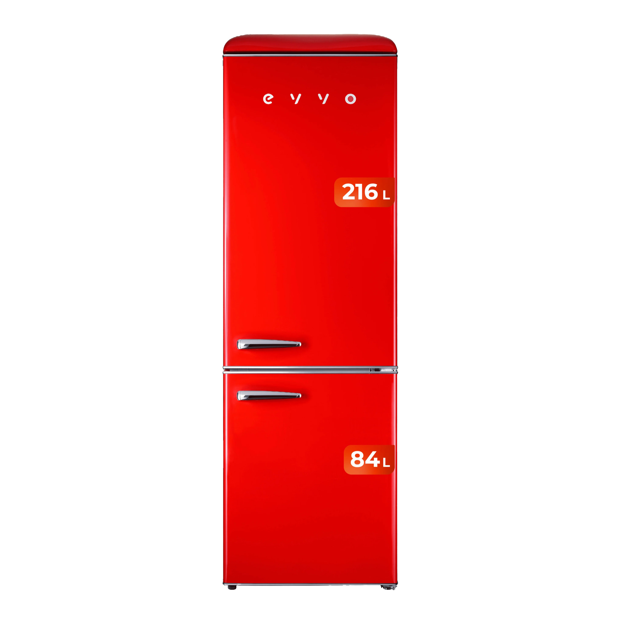 EVVO Frigorífico combi F55 Retro Rojo, refrigerador 216 litros, congelador 84 litros, diseño vintage, cajón Crisper Zone, Turbo fan, libre de gas CFC, silencioso