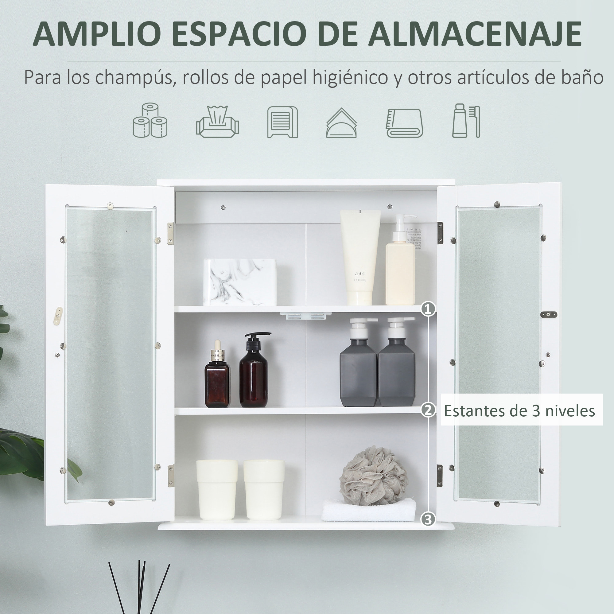 kleankin Armario de Pared Baño de 2 Puertas de Cristal Armario Colgante Multiusos para Cocina Salón con Estantes Interiores y Balda Ajustable 55x20x65 cm Blanco