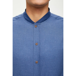 Camicia Uomo Coreano Slim Flanella Unita Blu avion