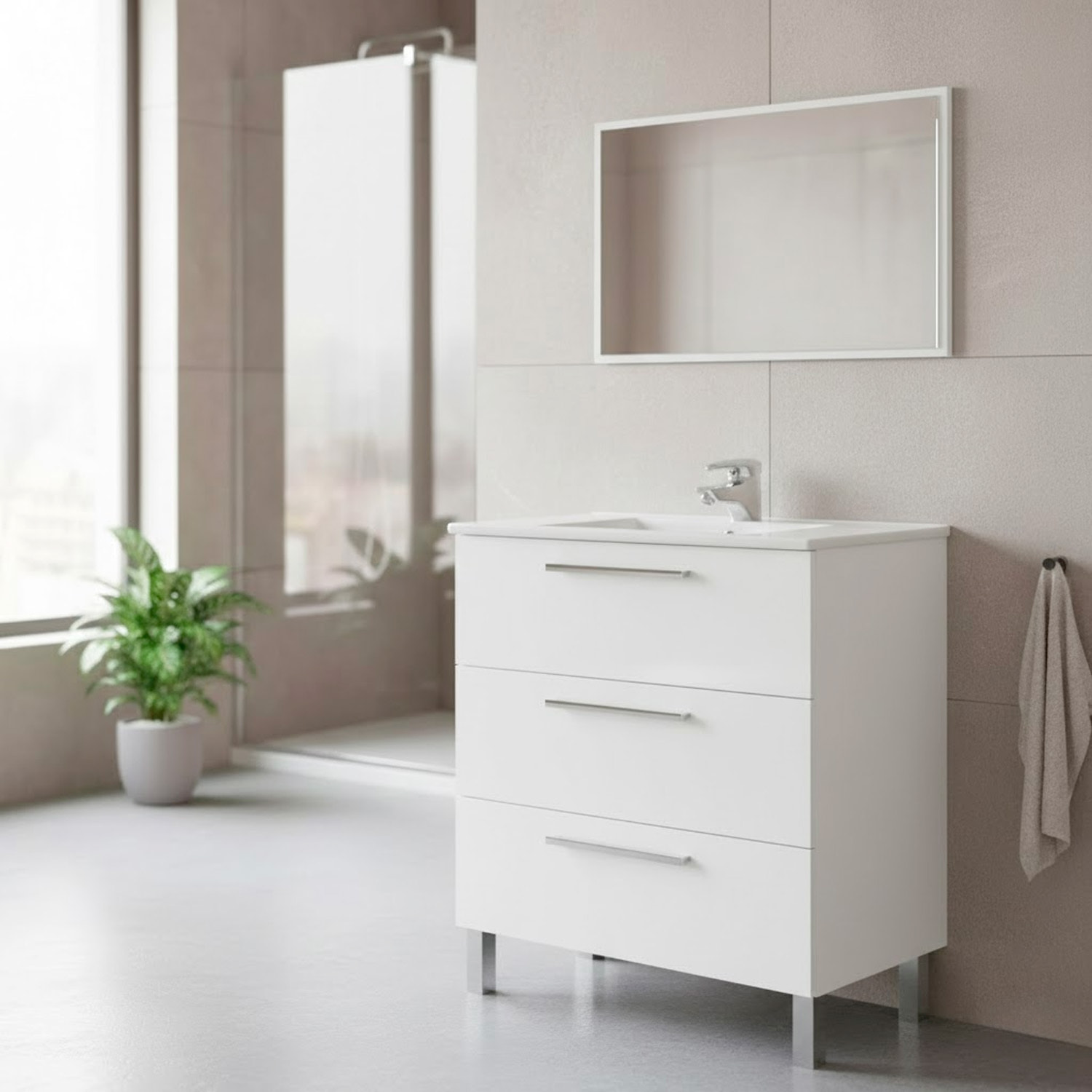 Mobile Bagno A Terra Con 3 Cassetti Lavabo In Ceramica E Specchio 77 x 50 Cm Inclusi Design Moderno Salvaspazio Elegante 80 x 45 x 86 Cm Colore Bianco