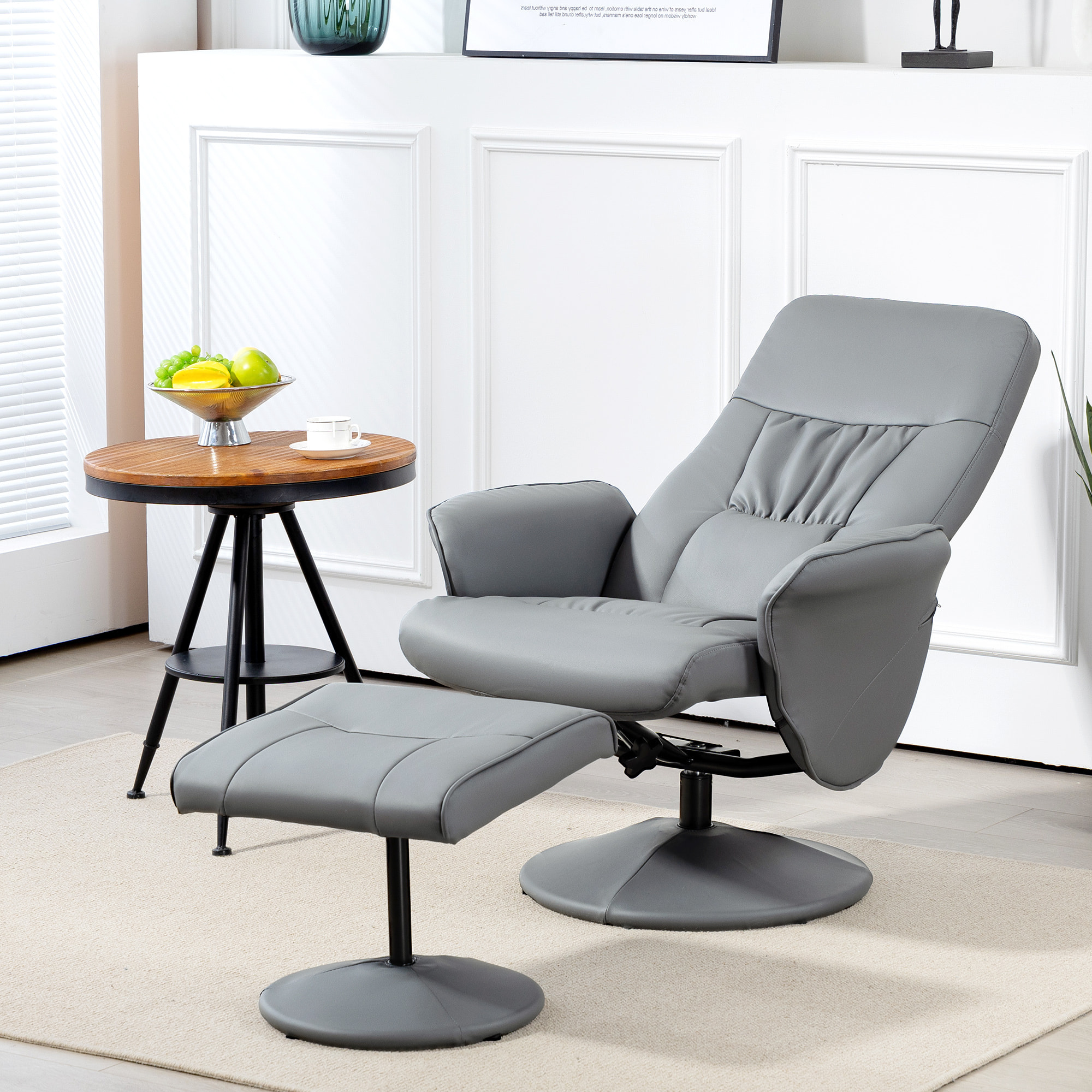 Fauteuil relax inclinable pivotant style contemporain avec repose-pied revêtement synthétique gris