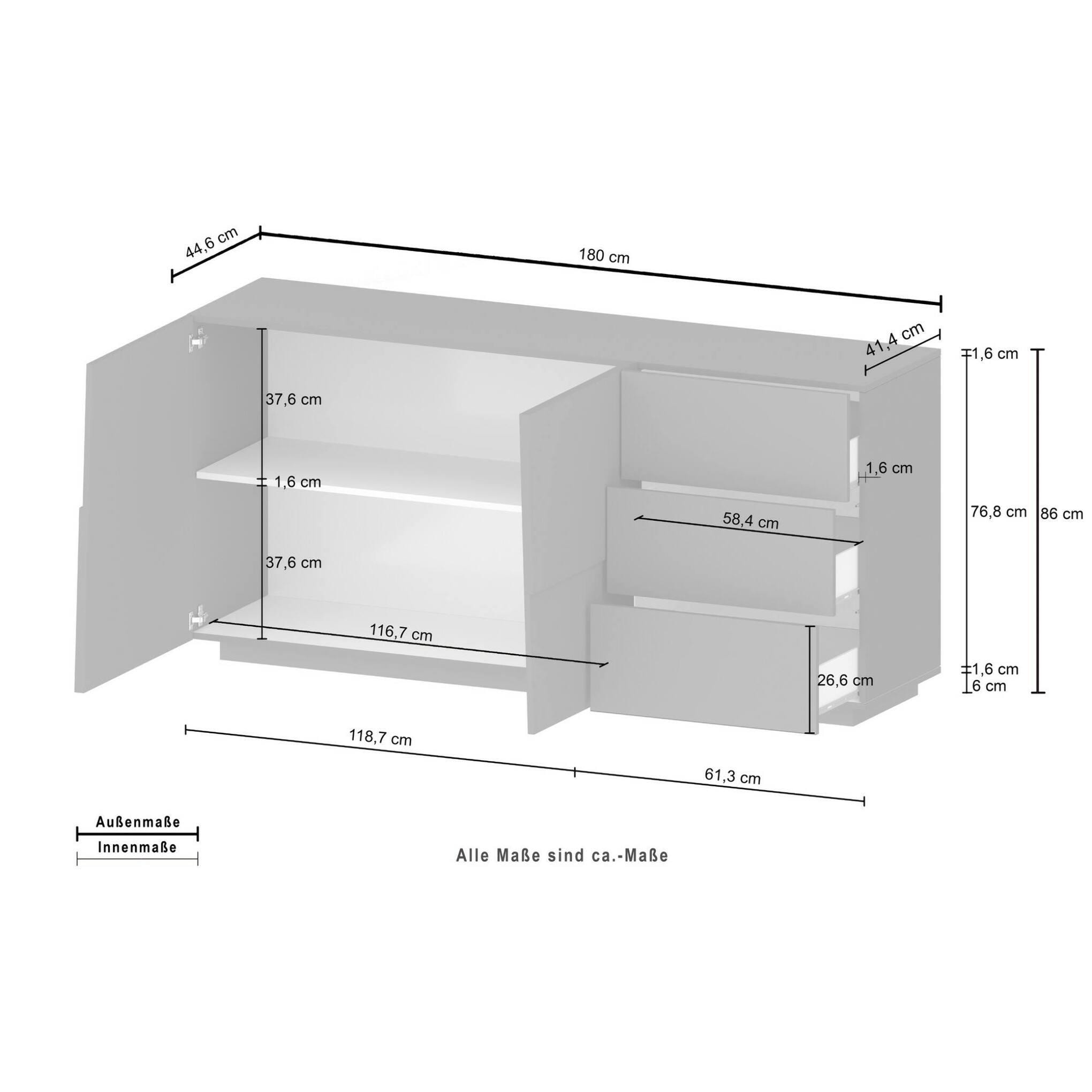 Credenza Ddalessi, Buffet da soggiorno, Madia da salotto con 2 ante e 3 cassetti, 180x44h86 cm, Bianco lucido