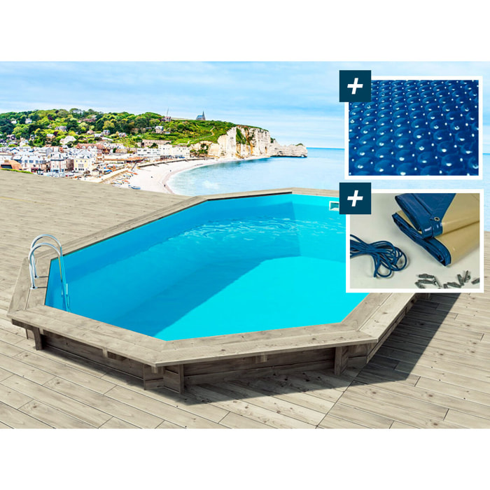 Piscine bois " Brazilia 145 "  5.86 x 3.86 x 1.44 m - Bâche à bulles 180 µ - Bâche hiver 280 g/m²