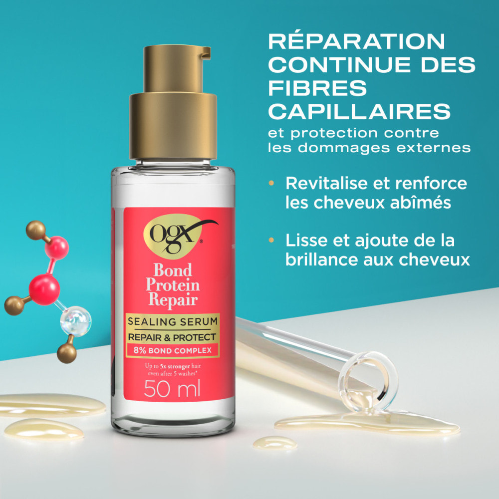 OGX Bond Protein Repair Sealing Serum, 50ml – Sérum réparateur cheveux secs et abîmés, anti-frizz, renforce et lisse sans alourd