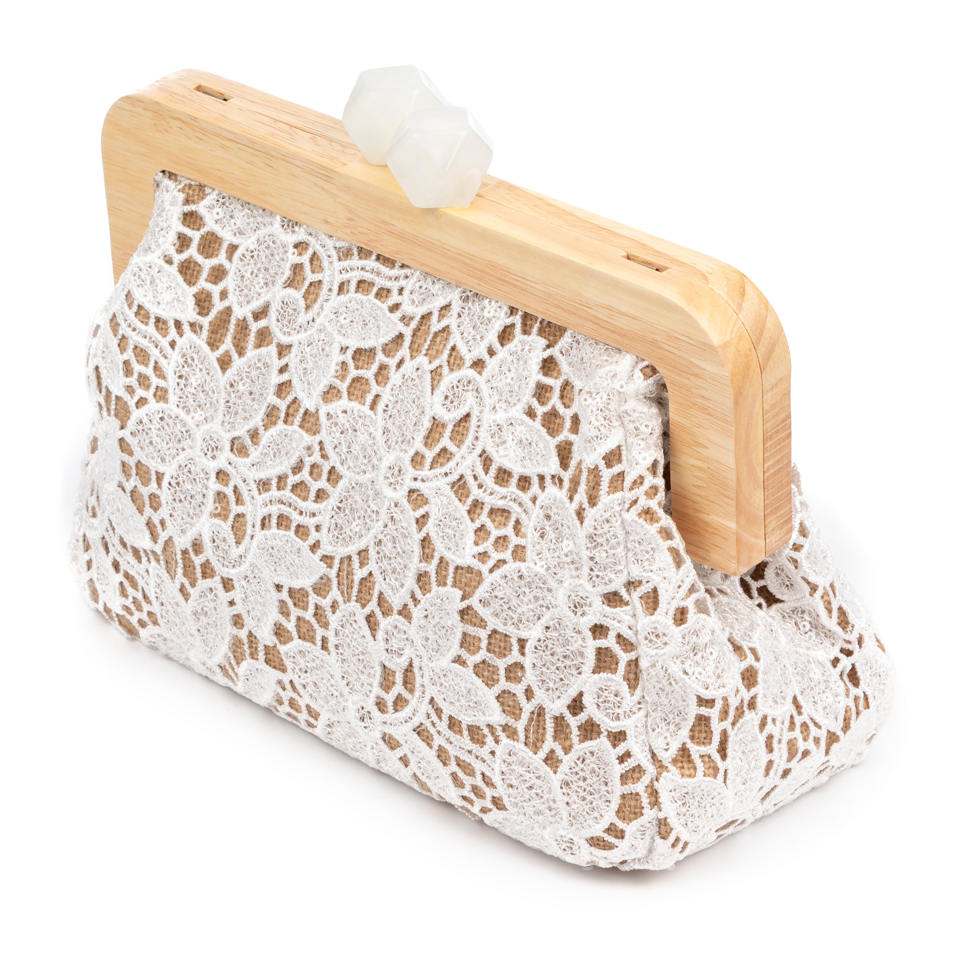 Borbera Bolso bandolera Mujer. Fabricado en madera natural, algodón y yute con diseño malla de tejido floral.