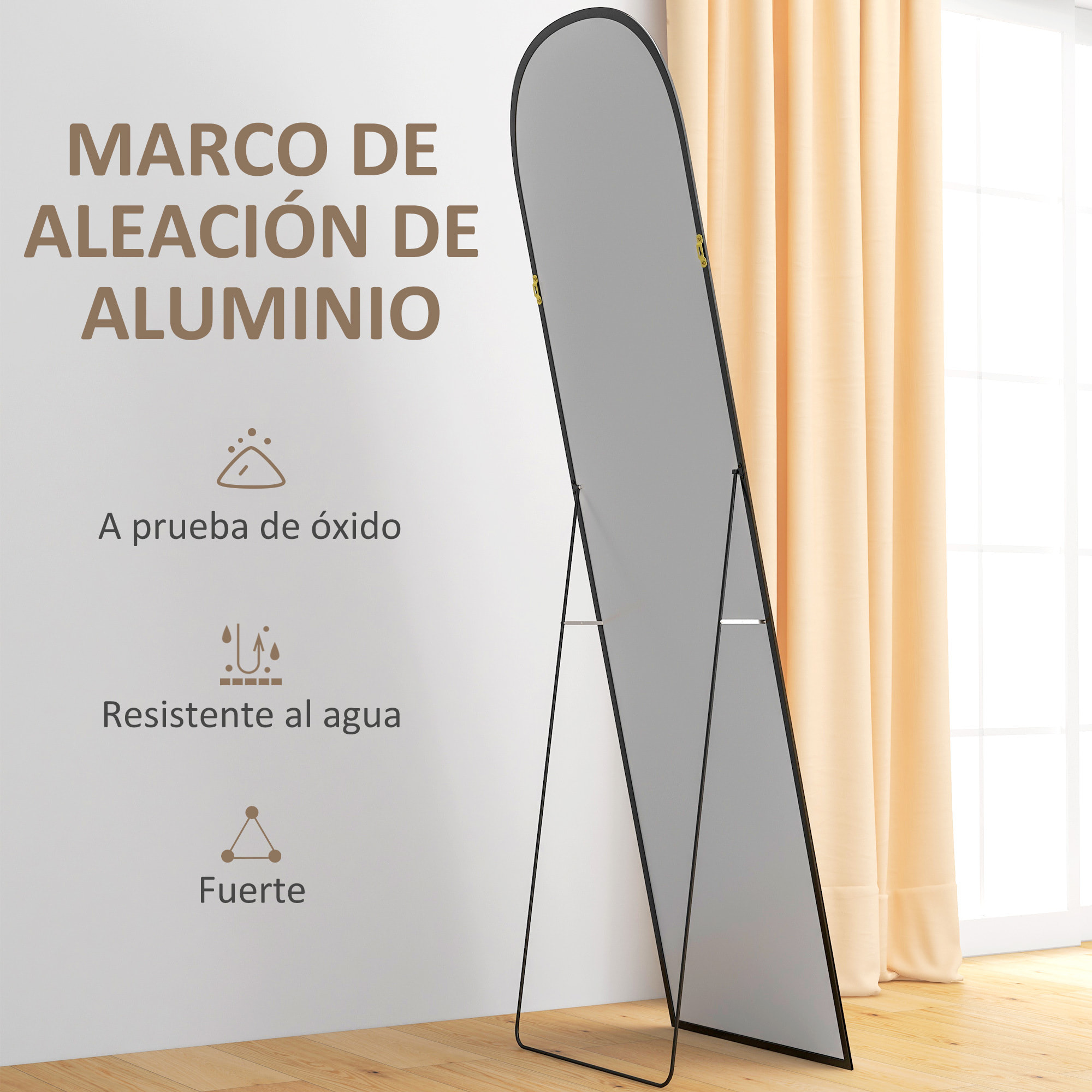 Espejo de Cuerpo Entero Espejo de Pie 50x170 cm Independiente o Pared con Marco de Aleación de Aluminio y Soporte para Sala Dormitorio Baño Dorado