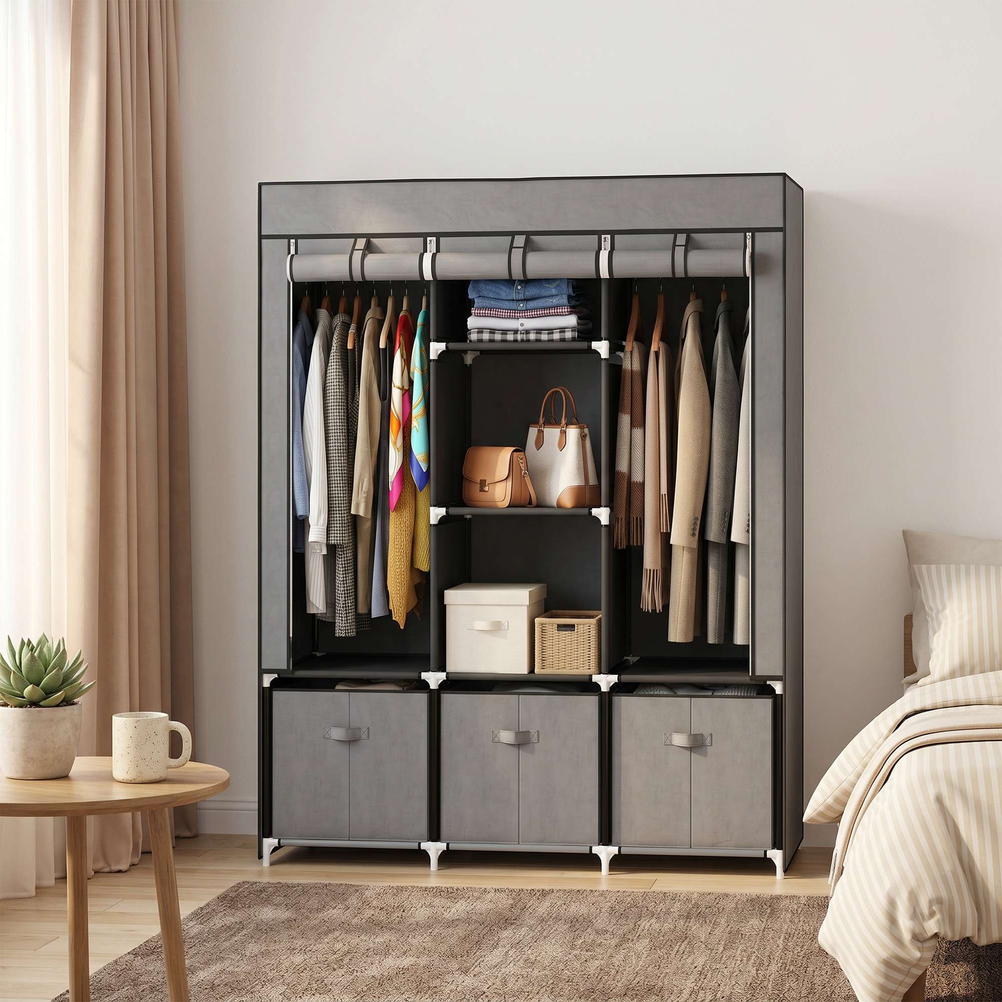 HOMCOM Armario de Tela, Armario Ropero con 2 Barras, 5 Estantes Abiertos, 3 Cajones, Cremallera, Marco de Acero, para Dormitorio, Espacio Pequeño, Vestidor, 125x43x162,5 cm, Gris Oscuro