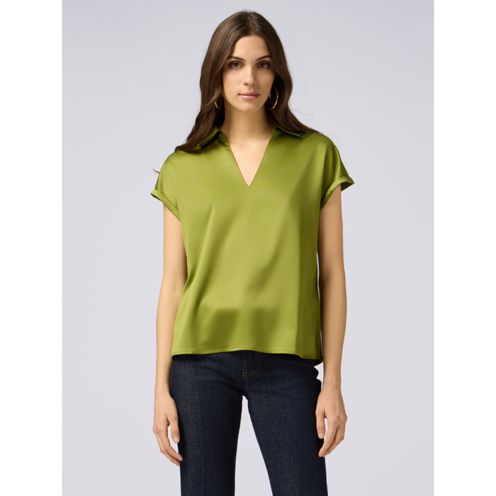 Oltre - Camiseta bimatérica con escote en V - Verde
