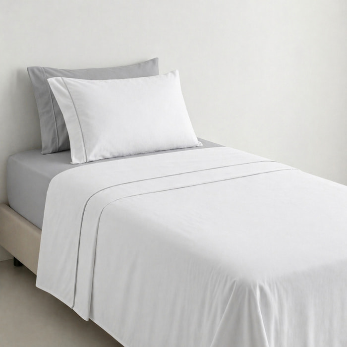 Completo lenzuola singolo in cotone bicolore morbido e traspirante, set letto con lenzuolo sopra, sotto con angoli e federa, design con piping a contrasto elegante, resistente e leggero 116 gsm, certificato OEKO-TEX