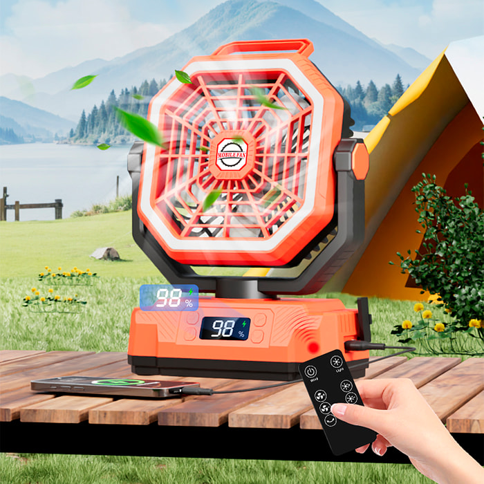 Ventilatore P60 con motore senza spazzole, LED con 32 luci, 5 velocità e 3 livelli di luminosità. Oscillazione di 120° e angolo regolabile di 90°. Con gancio per appendere e powerbank da 20000 mAh.