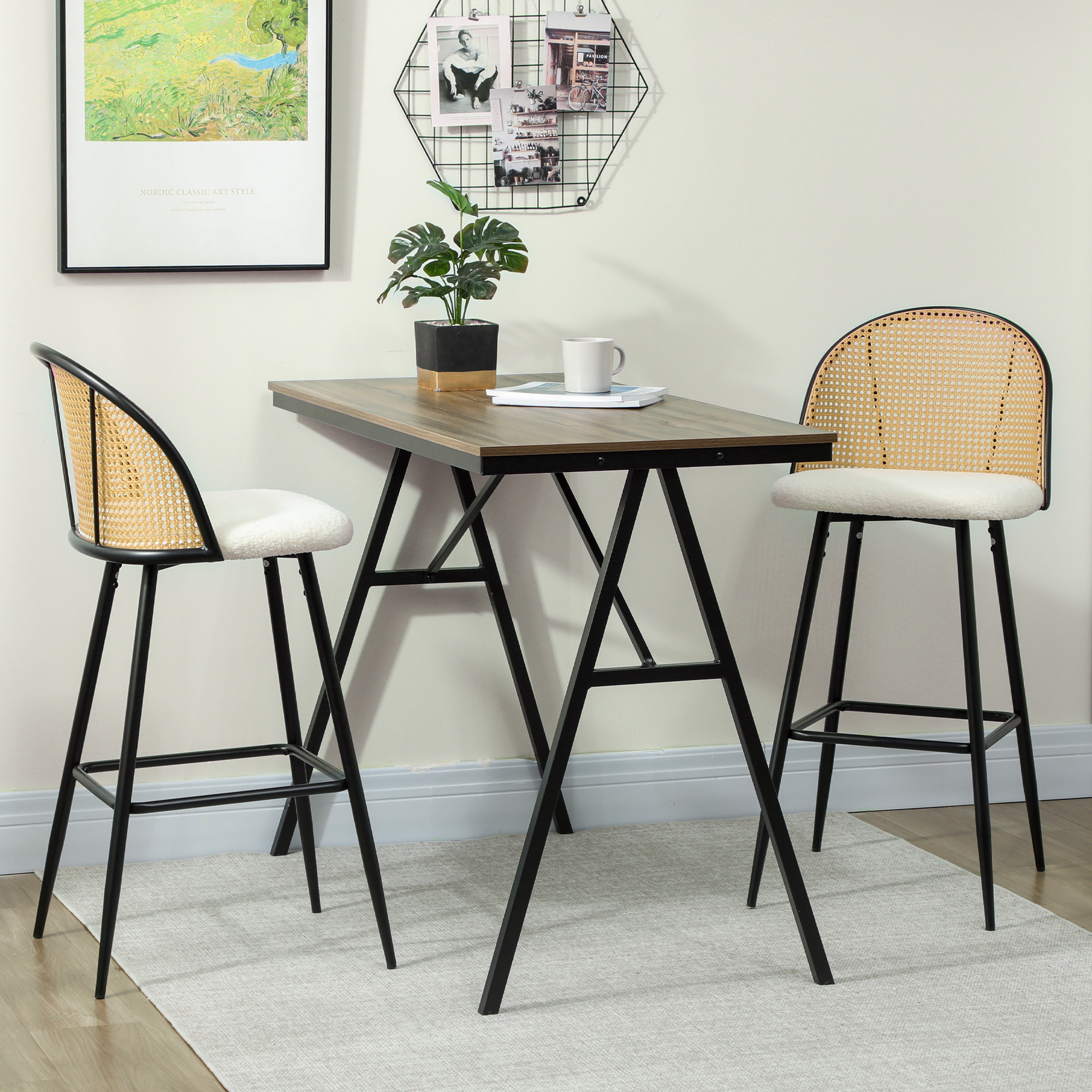 Juego de 2 Taburetes de Bar, Taburetes Altos de Cocina con Respaldo de Ratán, Asiento Tapizado en Borreguito, Marco de Acero y Reposapiés para Comedor, Mostrador, Blanco Crema