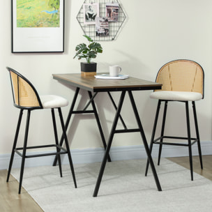 Juego de 2 Taburetes de Bar, Taburetes Altos de Cocina con Respaldo de Ratán, Asiento Tapizado en Borreguito, Marco de Acero y Reposapiés para Comedor, Mostrador, Blanco Crema